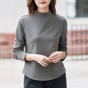 纯色棉长袖 女内搭秋冬新款 t恤磨毛绒保暖上衣 半高领打底衫 加厚款