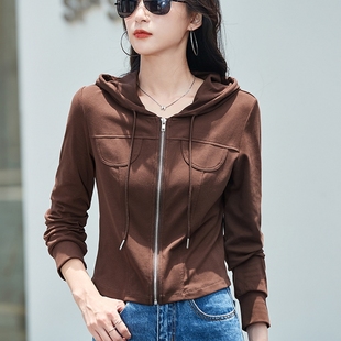 短款连帽卫衣长袖t恤女春秋2026新款外穿小外套宽松洋气上衣开衫