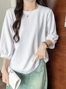 纯棉白色t恤女七分灯笼袖宽松2026春夏新款温柔风遮肉显瘦T桖上衣