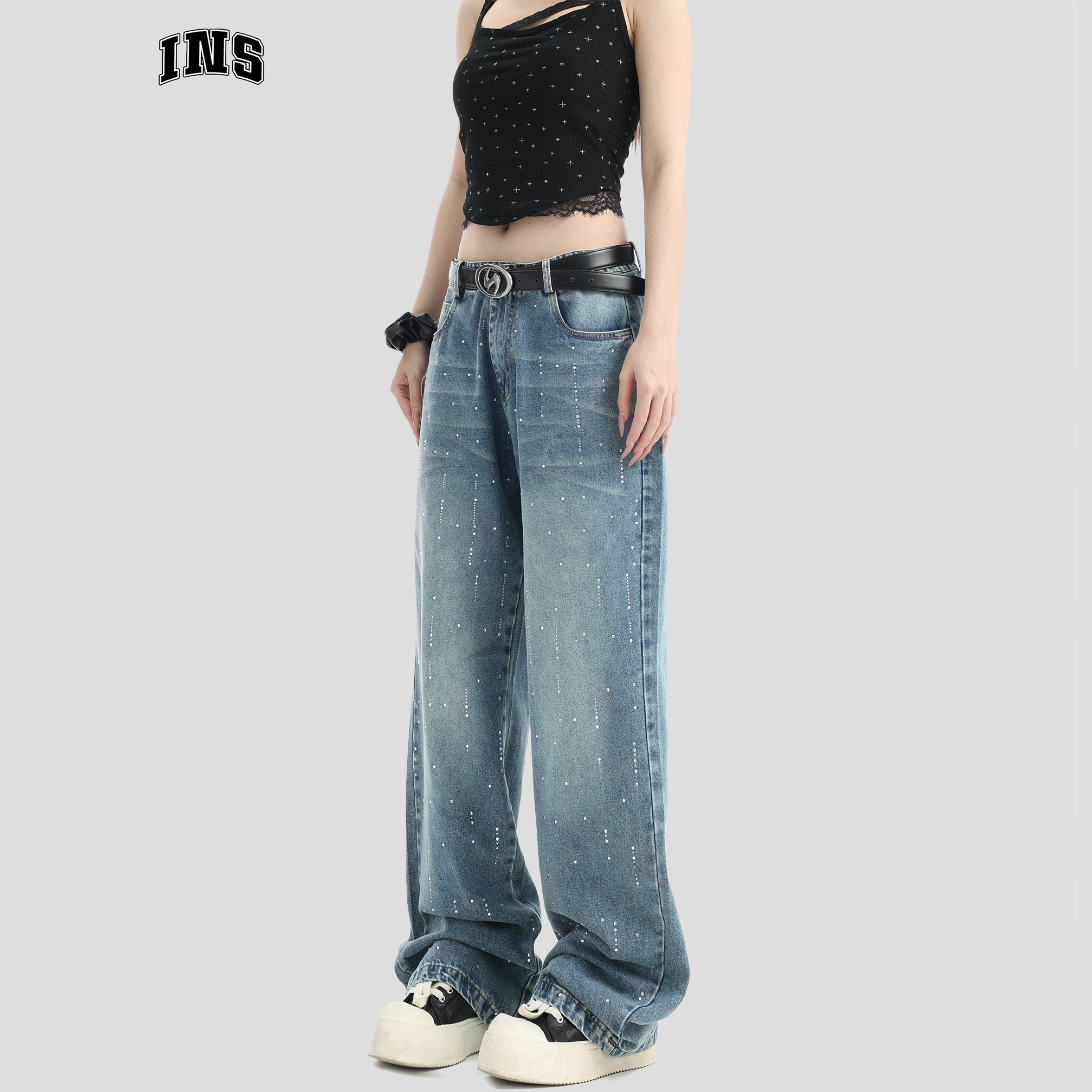 INSstudios流星烫钻水洗牛仔裤