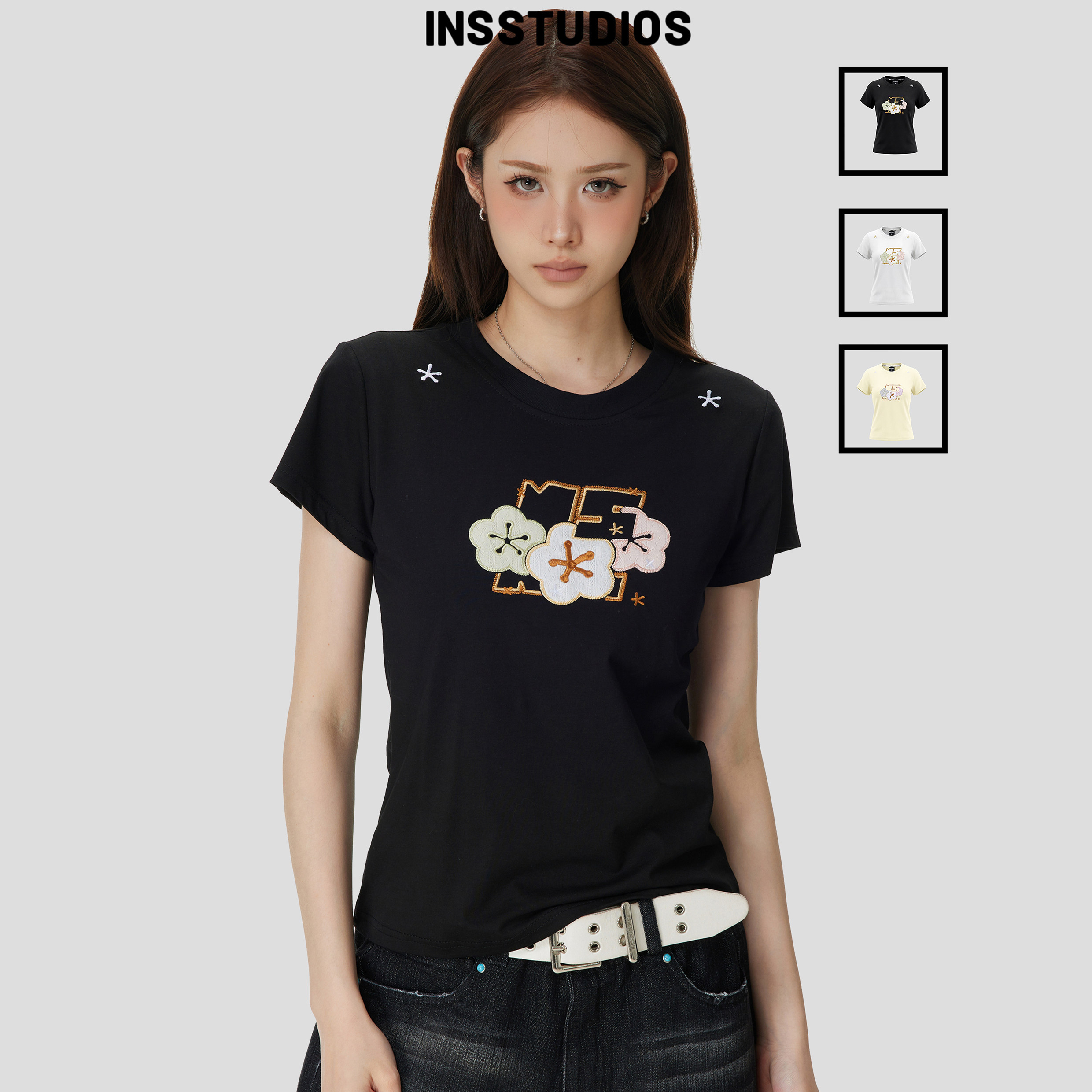 INSstudios刺绣花卉LOGO正肩短袖图片