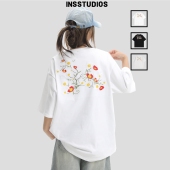 宽松纯棉半袖 复古花卉刺绣LOGO短袖 T恤 国潮牌情侣美式 INSstudios