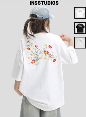 INSstudios 国潮牌情侣美式复古花卉刺绣LOGO短袖宽松纯棉半袖T恤
