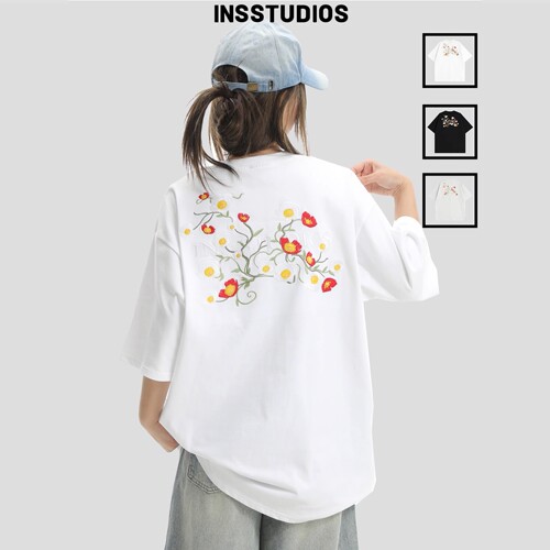 INSstudios复古花卉刺绣LOGO短袖