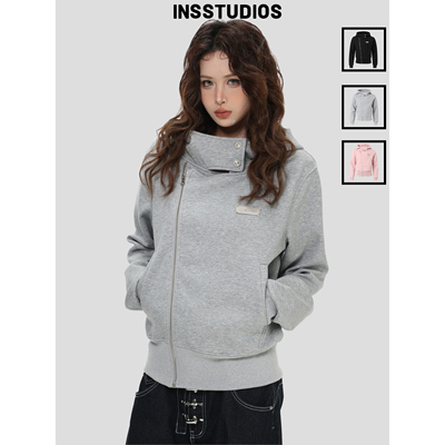 INSstudios收腰斜拉链连帽卫衣