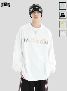 INSstudios 国潮牌情侣美式碎花贴布绣LOGO长袖宽松重磅纯棉T恤男