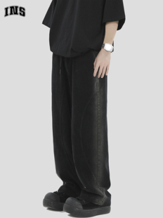 长裤 INSstudios 宽松直筒工装 渐变水洗压线休闲裤 国潮牌情侣美式