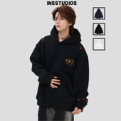 「几何LOGO刺绣连帽卫衣」宽松加绒上衣帽衫 INSstudios 国潮美式
