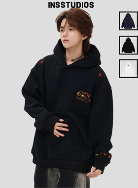 INSstudios 国潮美式「几何LOGO刺绣连帽卫衣」宽松加绒上衣帽衫