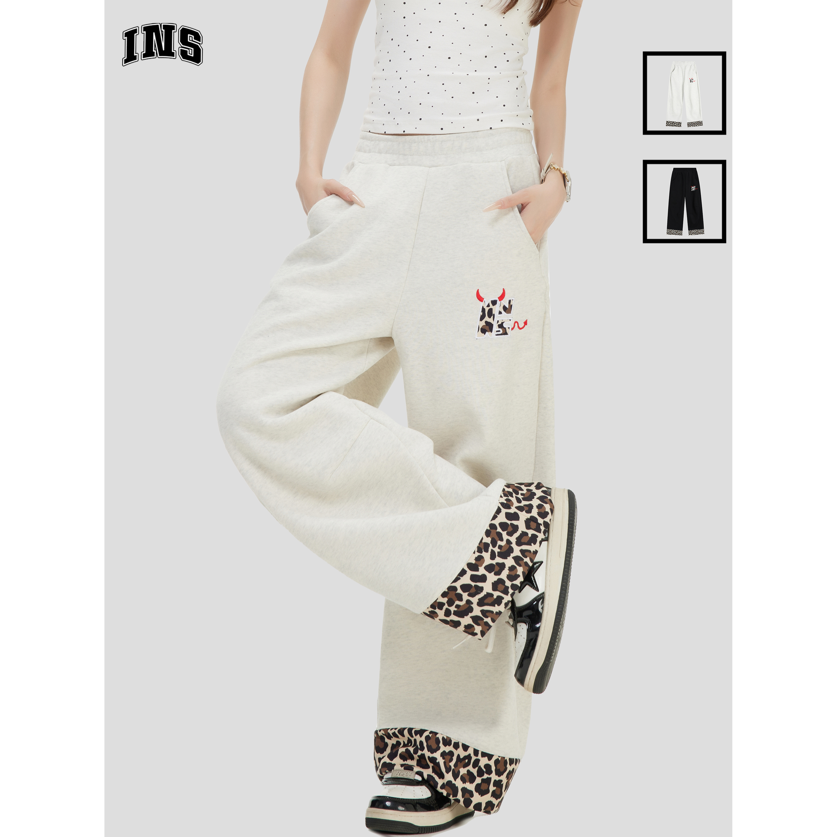 INSstudios小恶魔豹纹贴布运动裤