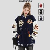 INSstudios 国潮牌情侣美式 植绒毛巾刺绣棒球服宽松休闲夹克外套
