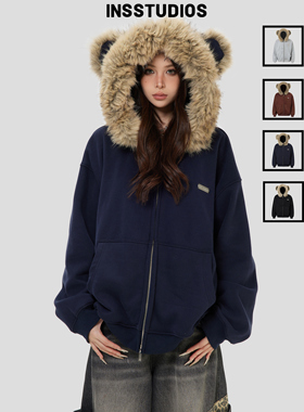 INSstudios 国潮美式「小熊耳朵毛领开衫卫衣」宽松加绒拉链外套