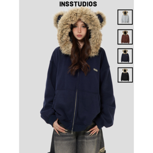 INSstudios 国潮美式「小熊耳朵毛领开衫卫衣」宽松加绒拉链外套