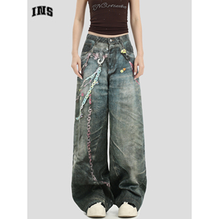 宽松直筒裤 INSstudios 直喷糖果链条牛仔裤 数码 子 国潮牌情侣美式