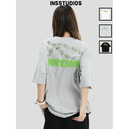 INSstudios 国潮牌情侣美式花卉毛巾绣LOGO短袖宽松半袖圆领T恤男