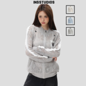 正肩开衫 」春季 外套女 国潮复古「贴布蕾丝镂空针织衫 INSstudios