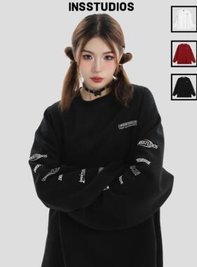 INSstudios 国潮牌情侣美式字母LOGO排版印花圆领卫衣宽松长袖男