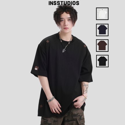 INSstudios 国潮牌情侣美式袖标刺绣LOGO百搭短袖基础款宽松T恤男
