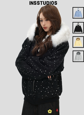 INSstudios 国潮美式复古「银河碎星毛领卫衣」宽松加绒开衫外套
