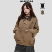 INSstudios 外套」宽松棕色夹克上衣 国潮复古「巴恩风大口袋工装