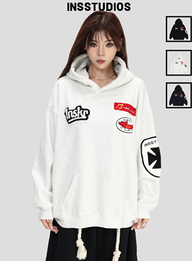 INSstudios 国潮美式「毛巾刺绣LOGO连帽卫衣」宽松加绒上衣帽衫