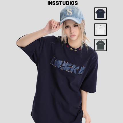 INSstudios 国潮牌情侣美式几何LOGO贴布绣短袖宽松半袖纯棉t恤男