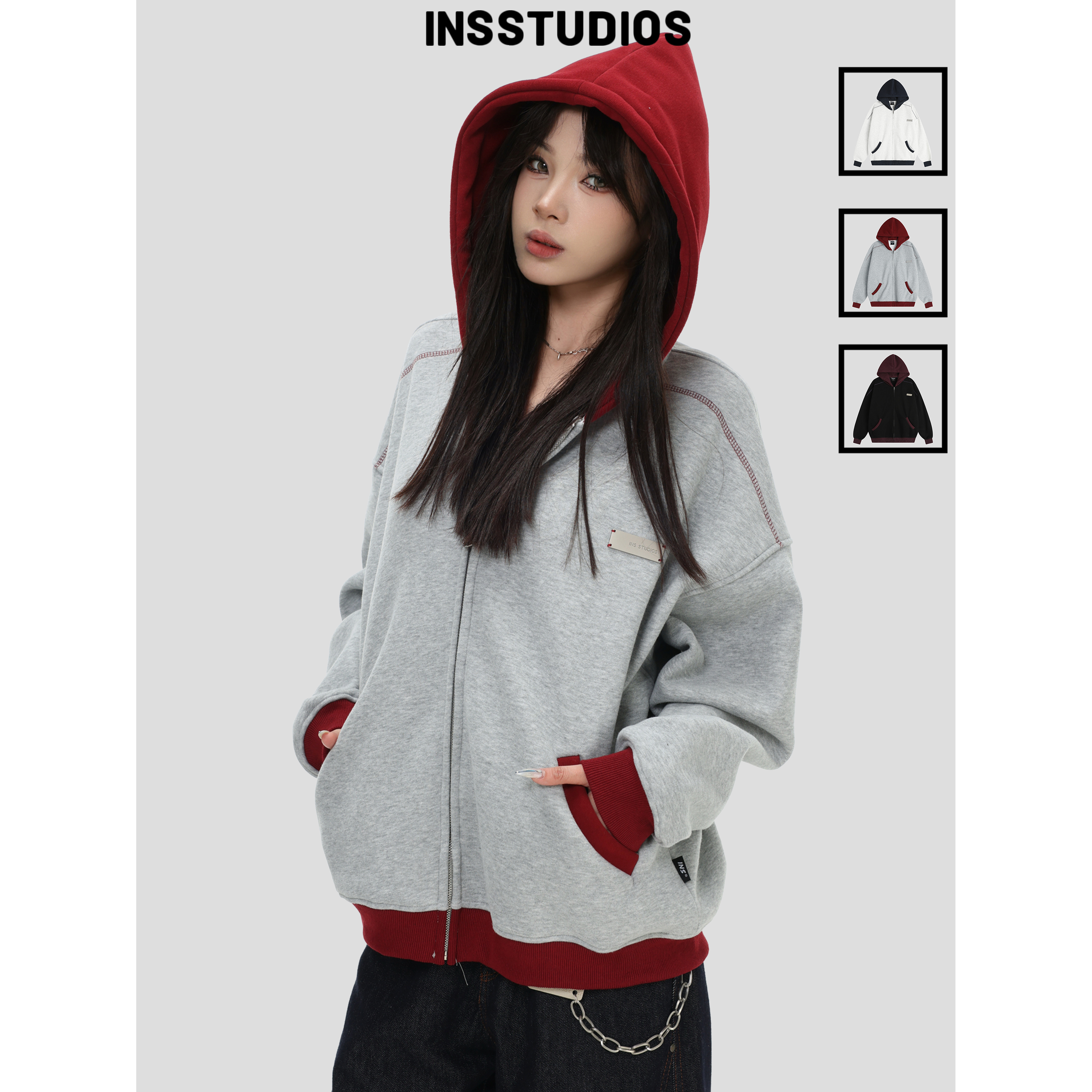 INSstudios明线撞色拼接连帽卫衣