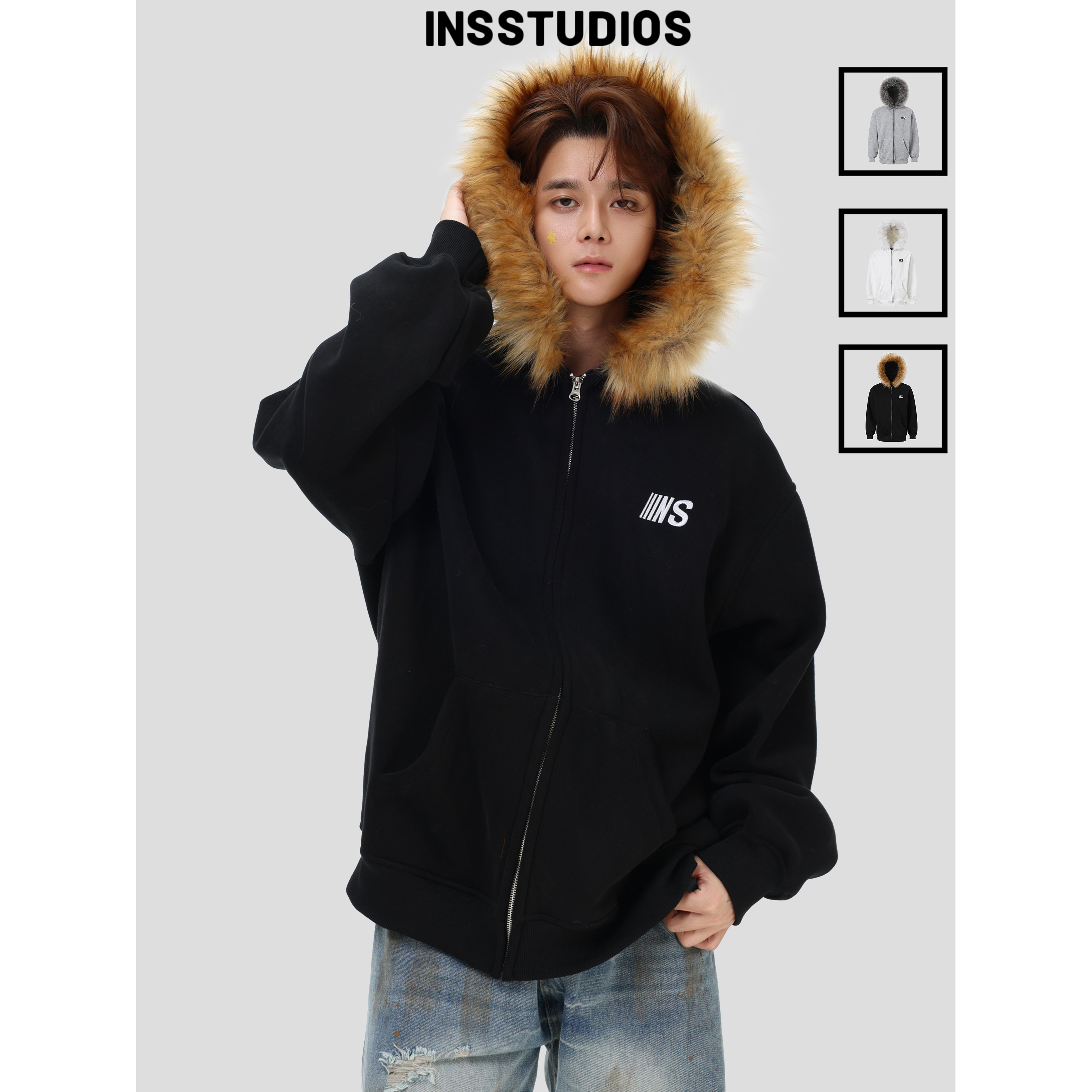 INSstudios「毛领开衫连帽卫衣」