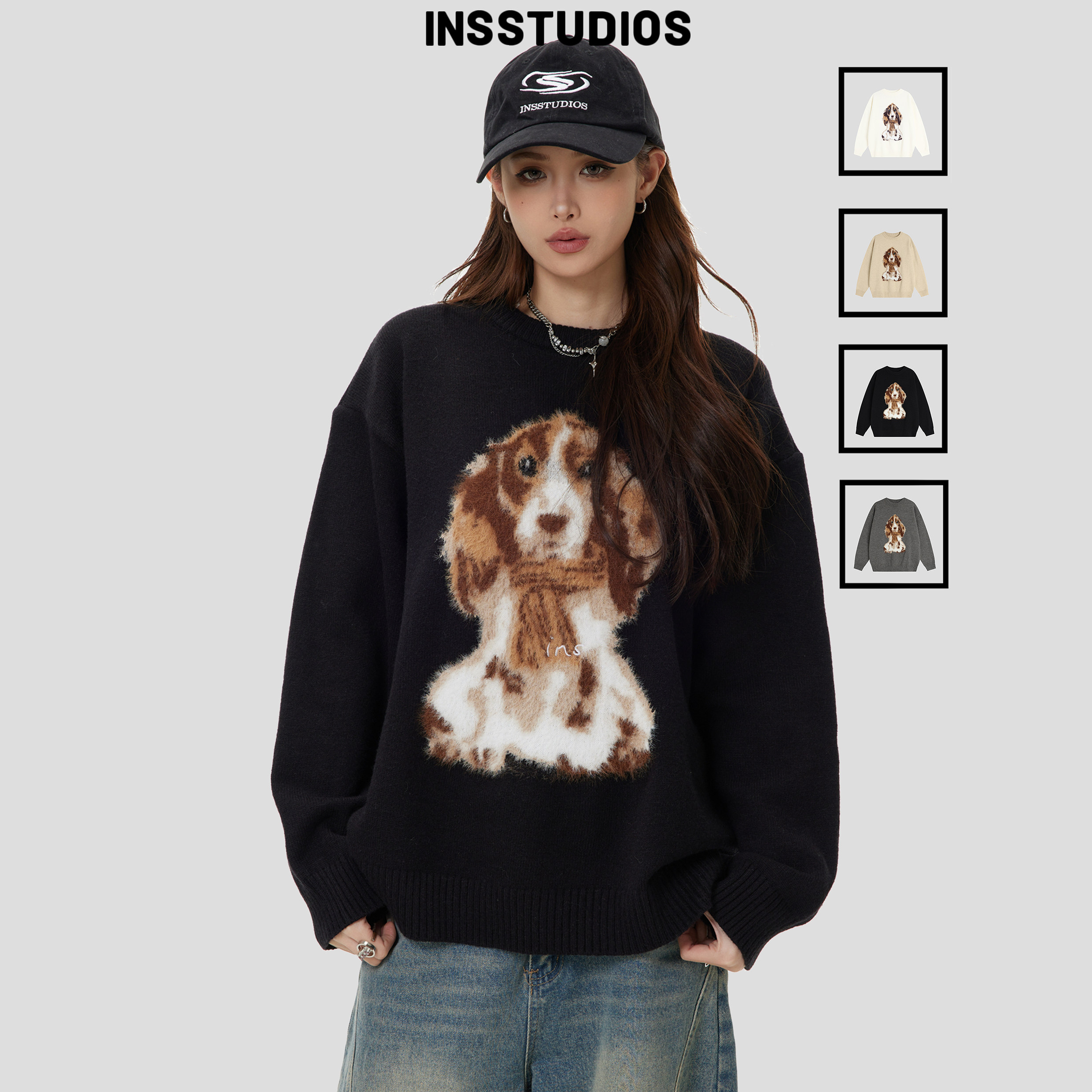 INSstudios 国潮情侣美式「毛绒小狗提花毛衣」宽松套头针织衫男,男装,针织衫/毛衣,淘宝优惠券,粉丝福利购,淘宝优惠卷