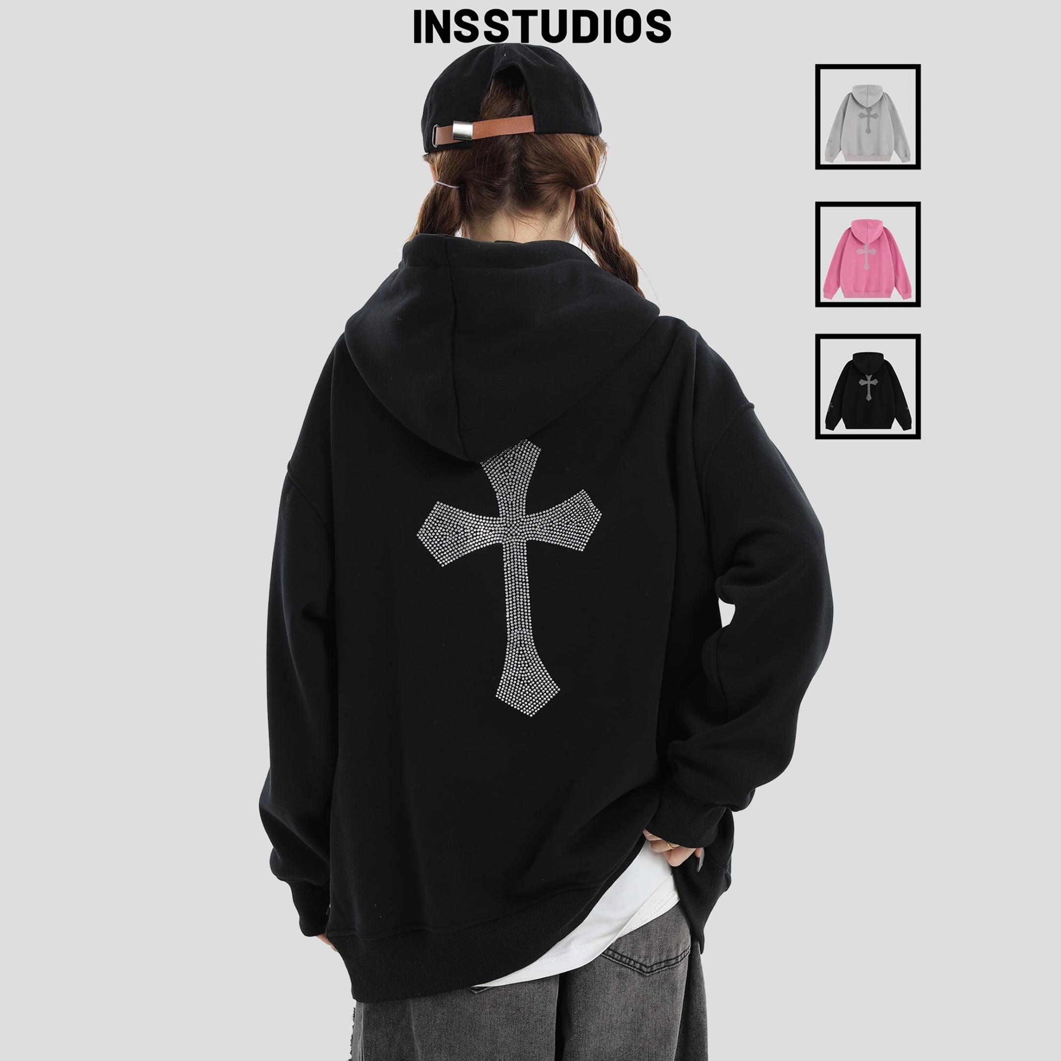 INSstudios烫钻十字架连帽卫衣
