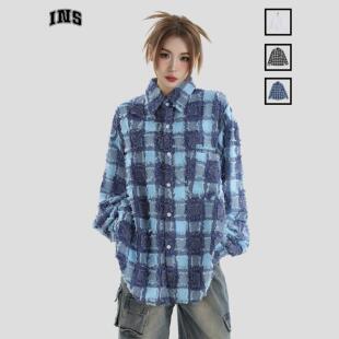 宽松长袖 小logo格子流苏衬衫 衬衣外套 国潮牌情侣美式 INSstudios