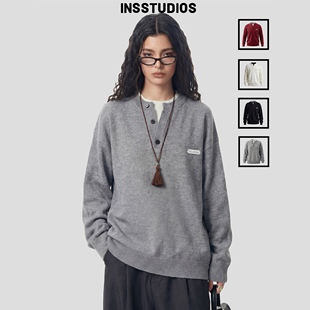 INSstudios 国潮情侣美式「亨利领假两件毛衣」宽松老钱风针织衫