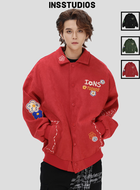 INSstudios 国潮美式「花卉刺绣麂皮绒棒球服」宽松休闲夹克外套