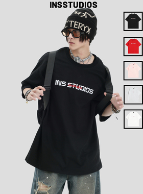 INSstudios 国潮牌情侣美式复古重叠刺绣LOGO短袖宽松纯棉半袖T恤