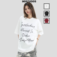 INSstudios 国潮牌情侣美式字母烫钻LOGO短袖宽松纯棉半袖T恤衫男