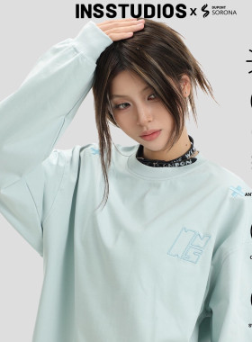 INSstudios 国潮牌情侣美式简约小logo刺绣长袖宽松冰皮凉感T恤男