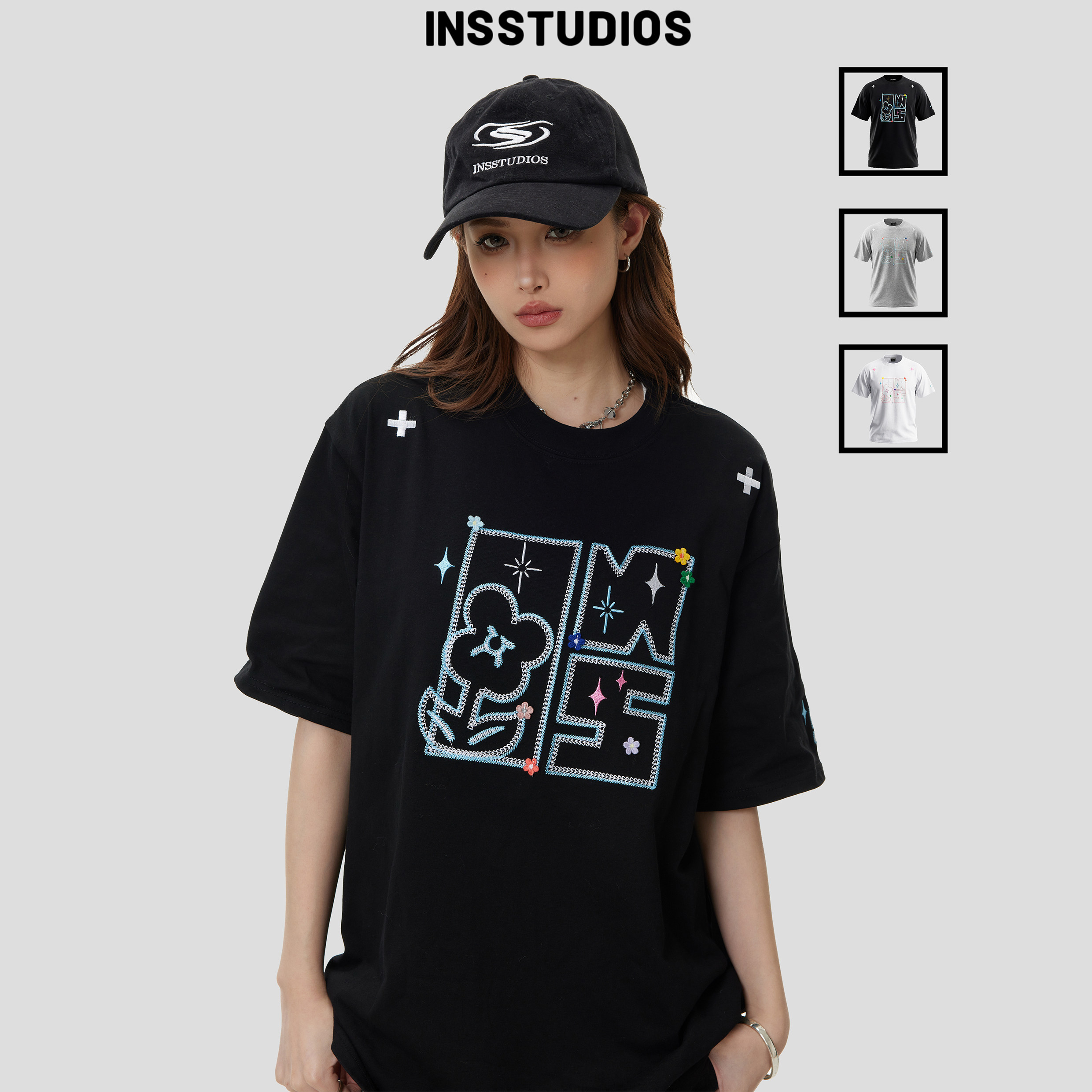INSstudios 国潮情侣复古「字母刺绣钩针小花短袖」夏季半袖T恤男