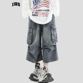 裤 INSstudios 宽松直筒裤 泼漆褶皱牛仔七分裤 子男 国潮牌情侣美式