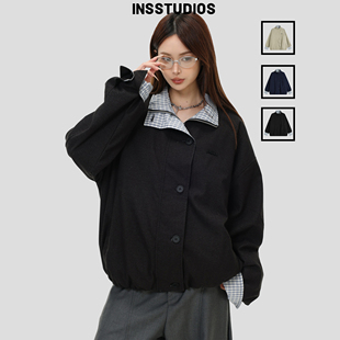 INSstudios 国潮美式复古「格纹拼接翻领棉服」宽松格子夹棉外套