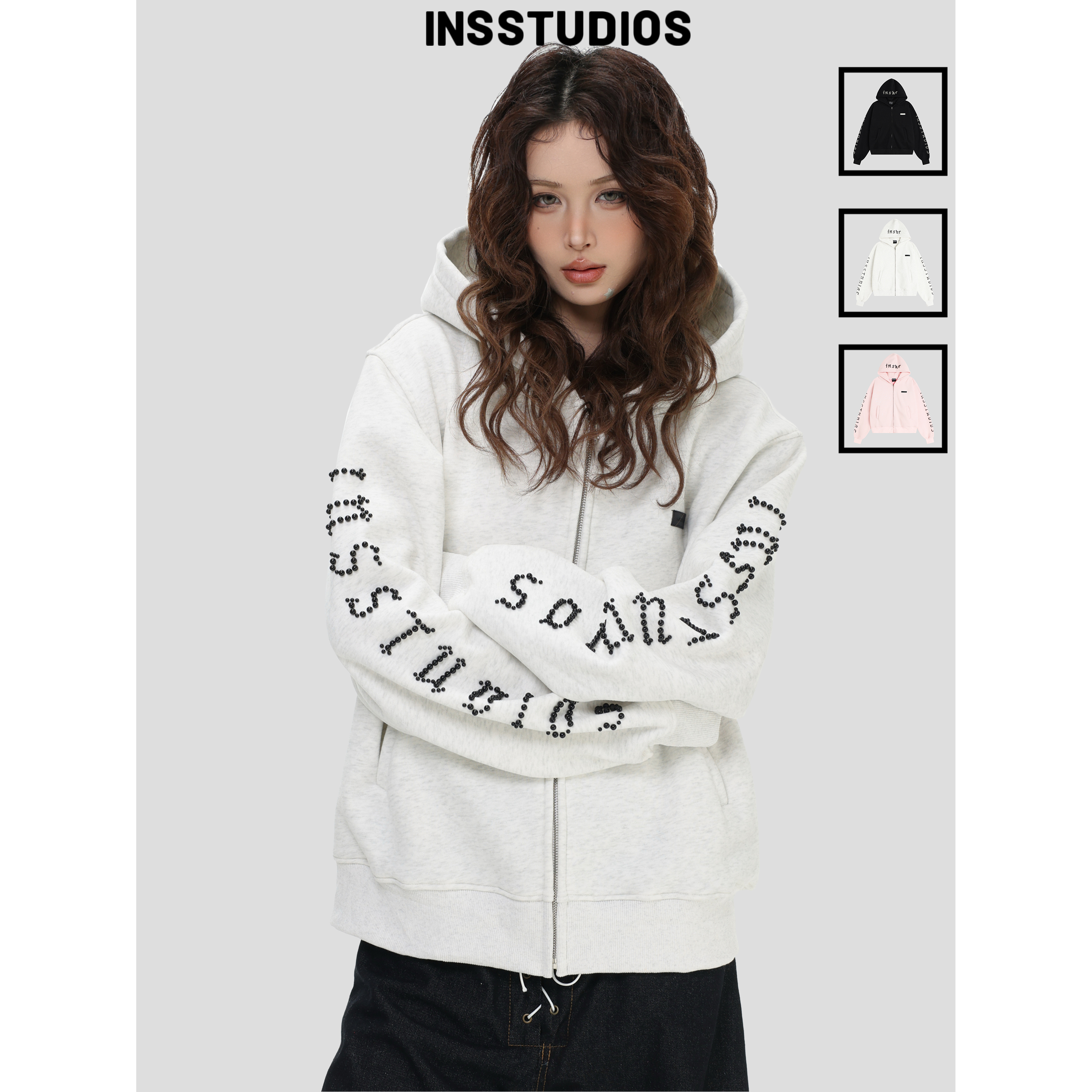 INSstudios钉珠LOGO短款连帽卫衣