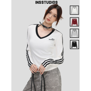 INSstudios 国潮牌美式蝴蝶结绣花V领长袖修身显瘦条纹内搭t恤女