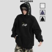 玫瑰花刺绣LOGO卫衣宽松加绒连帽衫 INSstudios 国潮牌情侣美式 男