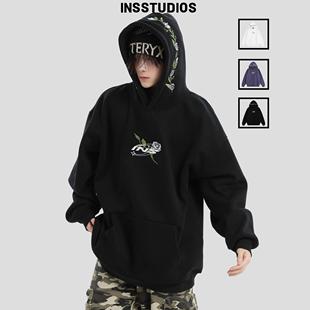 男 玫瑰花刺绣LOGO卫衣宽松加绒连帽衫 INSstudios 国潮牌情侣美式