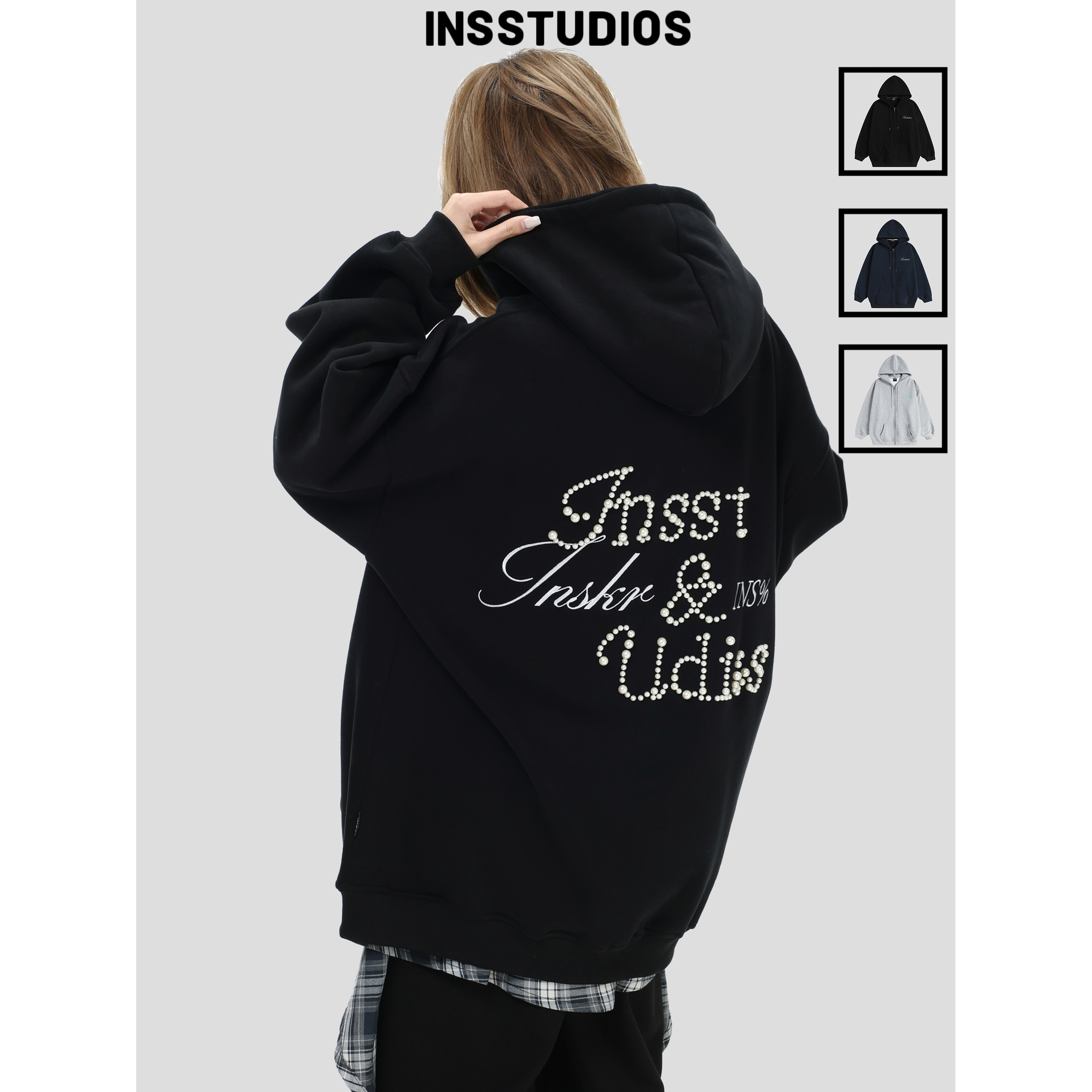 INSstudios钉珠珍珠LOGO连帽卫衣