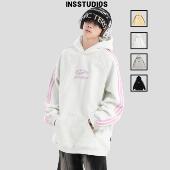 刺绣LOGO插肩三条杠卫衣宽松加绒帽衫 INSstudios 国潮牌情侣美式