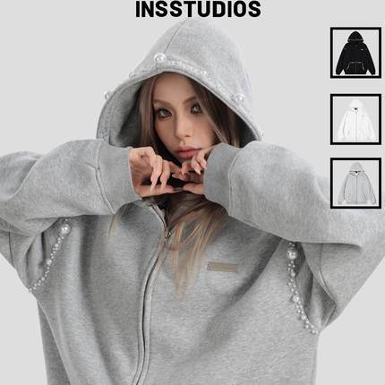 INSstudios 国潮牌情侣美式不规则珍珠连帽卫衣宽松加绒开衫外套