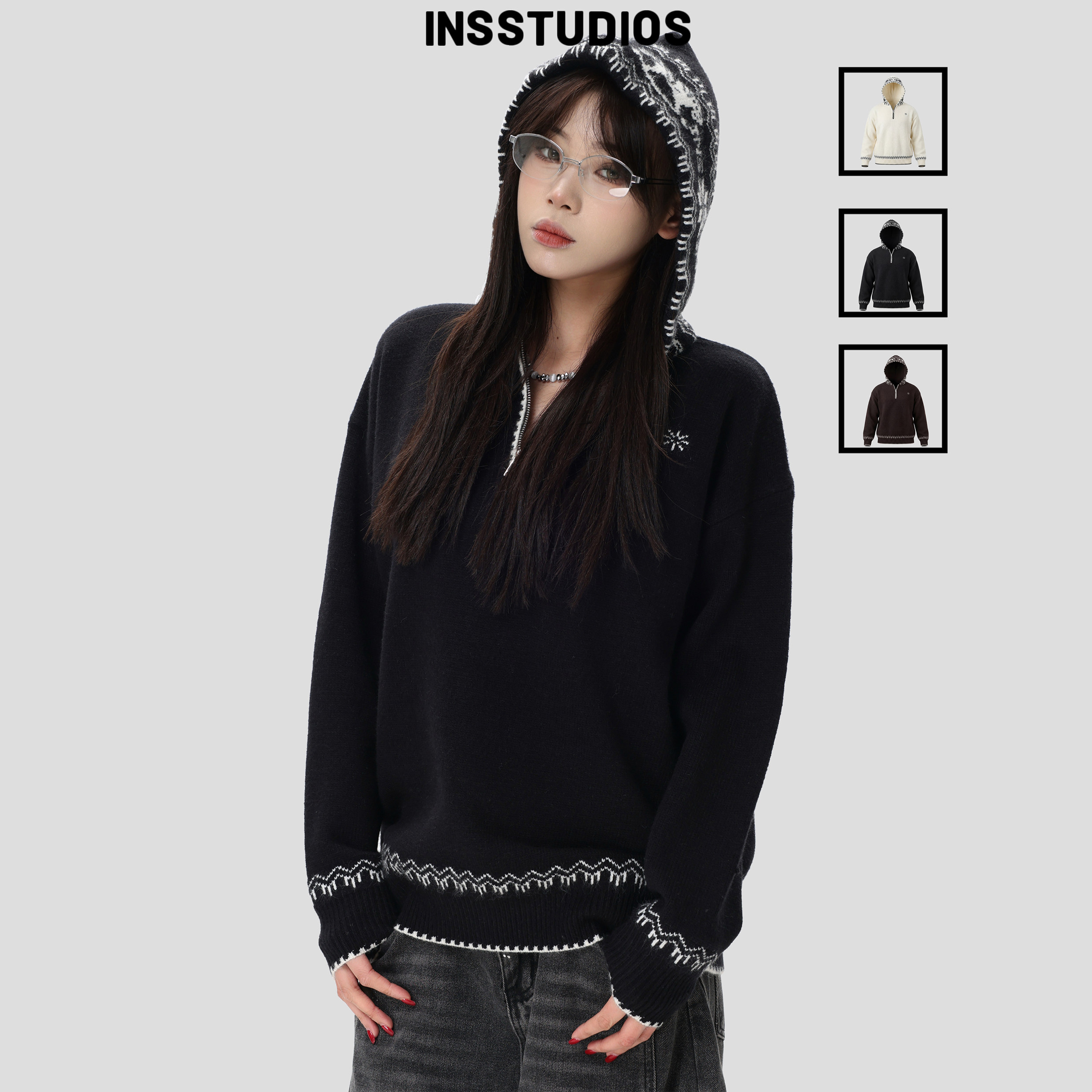 INSstudios 国潮情侣复古「小马费尔岛提花毛衣」春季连帽针织衫