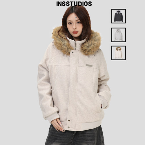 INSstudios座山雕毛领呢子棉衣