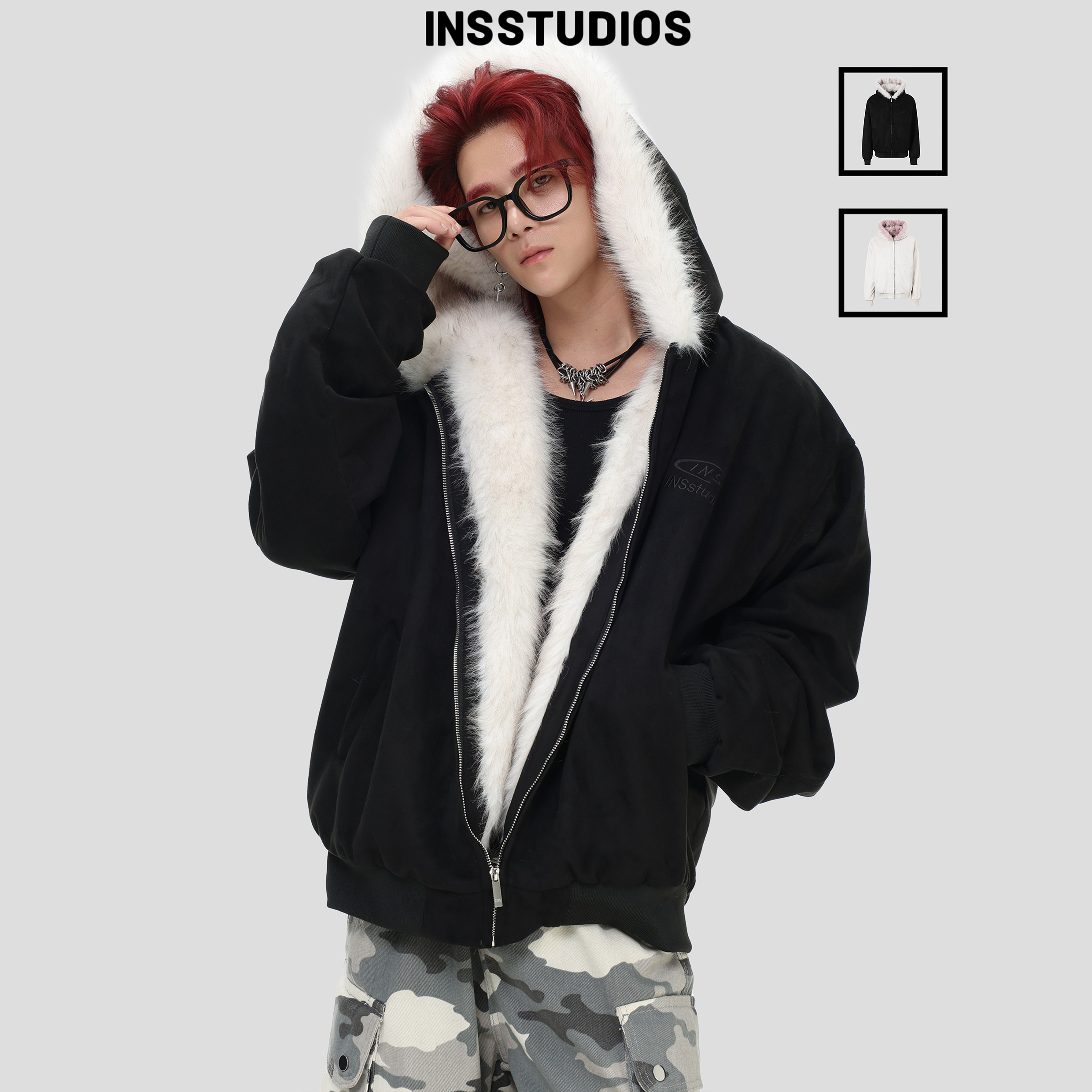 INSstudios 国潮牌「麂皮加厚保暖毛领座山雕」宽松棉衣夹棉外套,男装,棉衣,淘宝优惠券,粉丝福利购,淘宝优惠卷