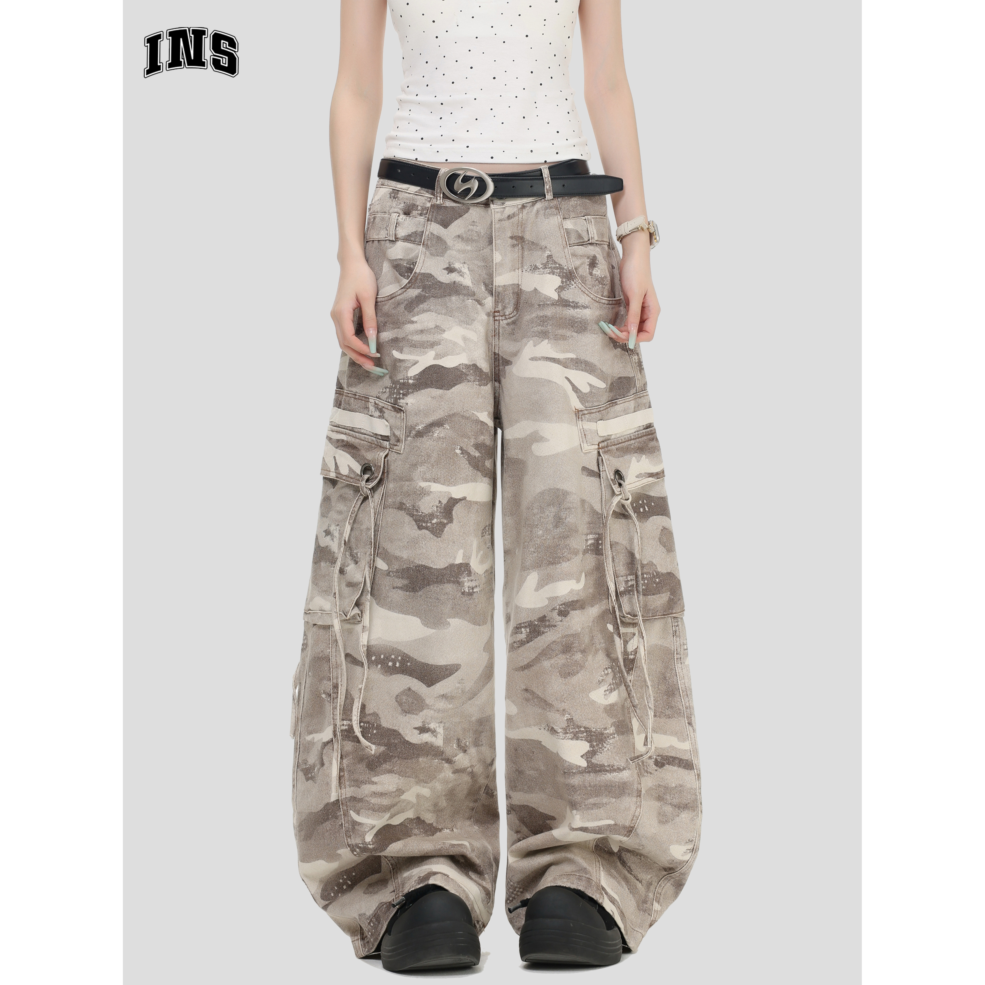 INSstudios复古迷彩阔腿裤工装裤
